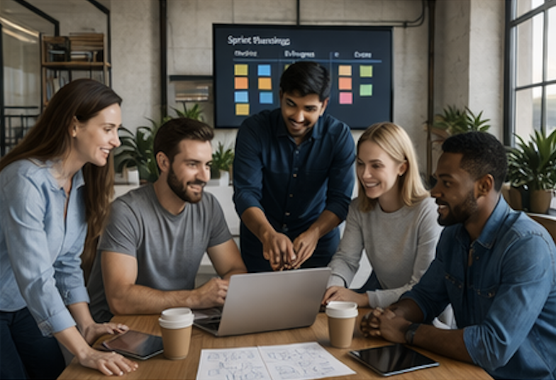 H.R.E.D. GROUP team collaborating on a sprint planning session