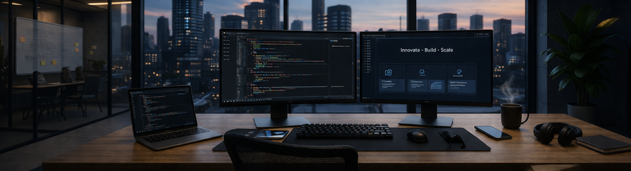 H.R.E.D. GROUP — Modern development workspace with dual monitors and city skyline