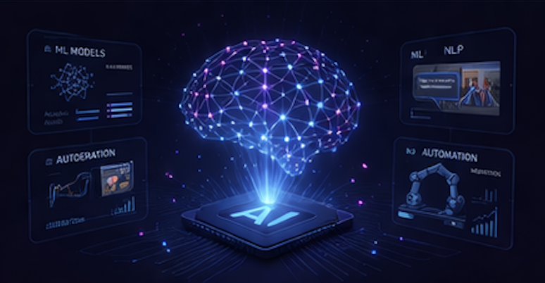 AI-powered solutions — neural network brain with machine learning, NLP, and automation panels