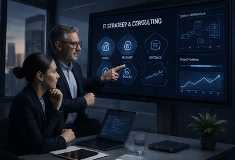 IT consultancy and strategy — professionals reviewing system architecture and project roadmap