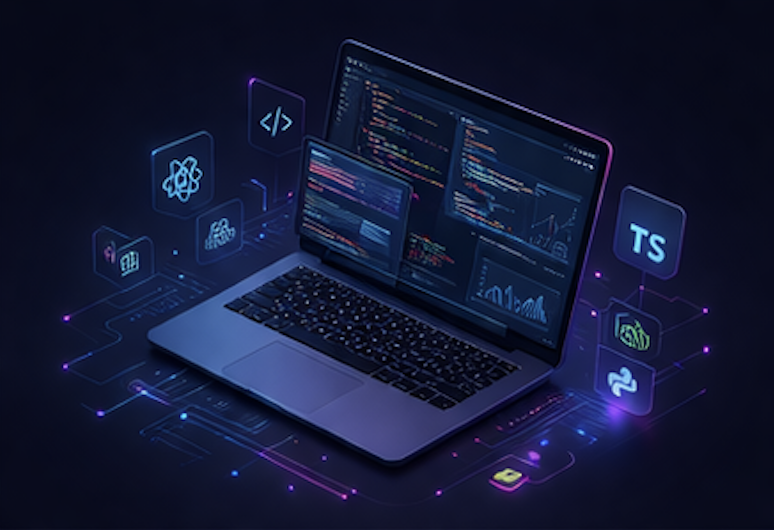 Custom software development — laptop surrounded by modern tech stack icons